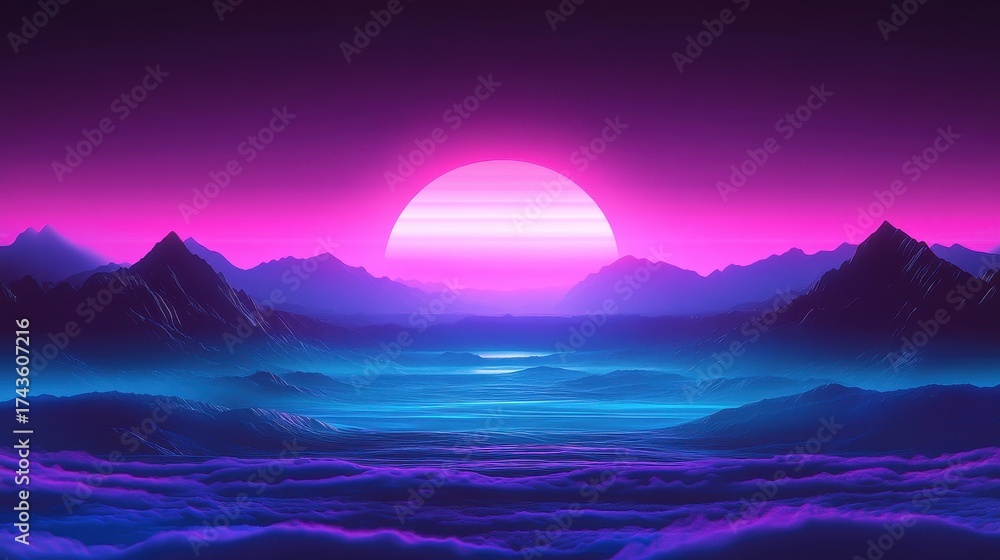Fototapeta premium Vibrant Synthwave Sunset Landscape with Neon Glow.