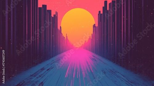 Retro Synthwave Cityscape with Glowing Road and Sunset.