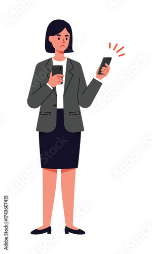 Woman experiencing frustration while using smartphones, cartoon illustration