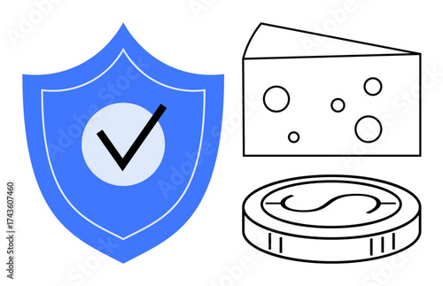 Blue shield with checkmark hints at trust cheese represents food industry coin indicates wealth. Ideal for security, trust, finance, transactions, food safety, trade, consumer protection. Simple flat