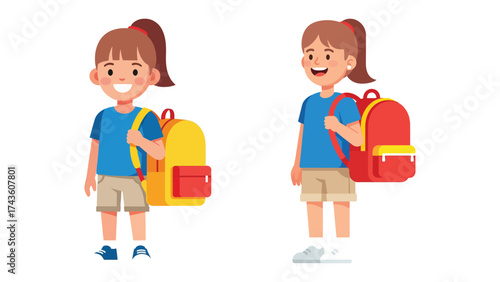 Two happy young schoolgirls with colorful backpacks, ready for a new school year and education