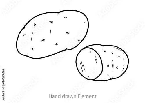 Black and white line drawing of a whole potato and a halved potato, isolated on a white background.