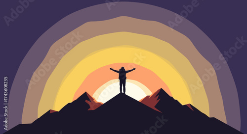 Triumph on mountain peak, silhouetted figure embraces sunrise above jagged peaks, adventure