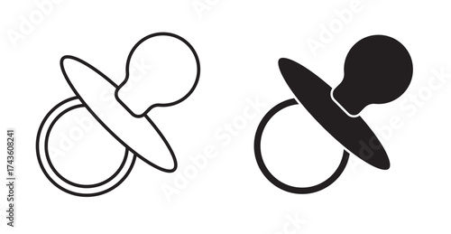 A pacifier icon is a simple graphic of a baby's pacifier, often featuring a nipple, a shield, and a handle, which is used as a symbol for comfort, childcare, or infants.