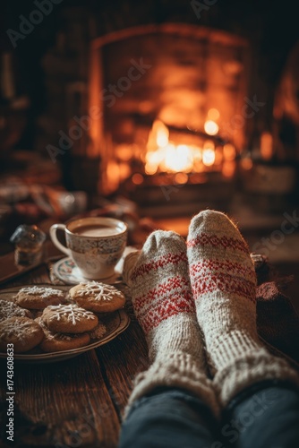 Cozy scene knitted socks, fireplace, cookies, coffee, warm glow, relaxation