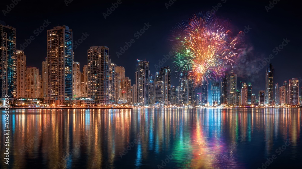 Fototapeta premium Vibrant Fireworks Display Over Modern City Skyline Reflected in Still Water at Night