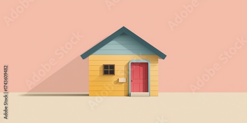 Minimalist yellow-blue house with red door on peach background