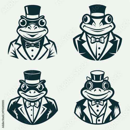 Four stylized illustrations of anthropomorphic frogs wearing tuxedos and top hats, in a formal style.