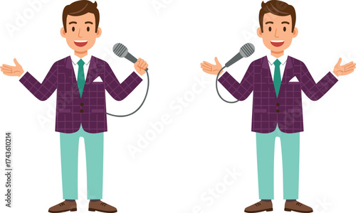 Cartoon man with microphone, wired and wireless mic comparison, presenter character illustration, public speaking, performance, entertainment, communication, stage show,