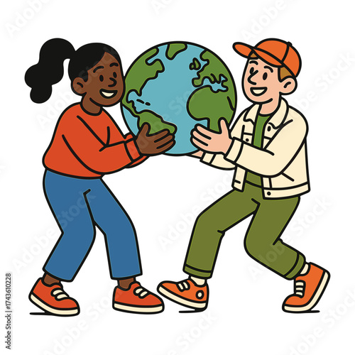 Diverse teamwork holding Earth vector