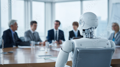 Rear view of a humanoid robot attending a corporate business meeting with executives