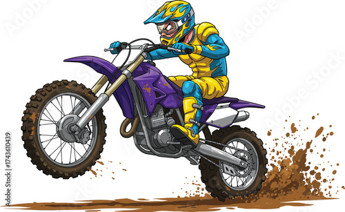 Motocross rider performing dirt bike stunt, extreme sports action illustration, off road motorcycle jump, vector artwork, helmet safety gear, adrenaline racing concept, dynamic digital design