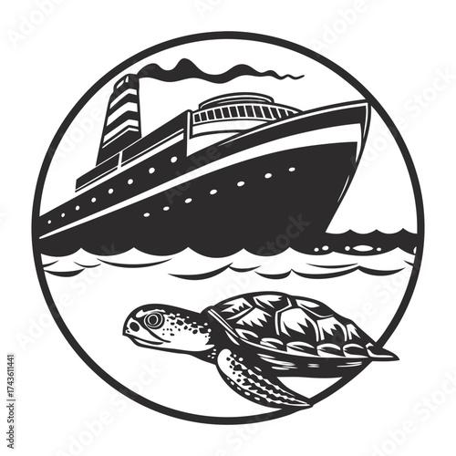 Monochrome emblem with cruise ship sailing above and sea turtle below, enclosed in rope frame, ideal for nautical branding, marine wildlife promotion, and coastal tourism projects