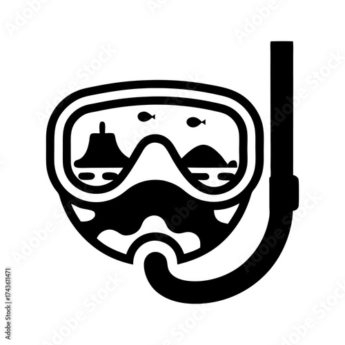 Black and white icon of snorkeling mask showing yacht and fish in ocean, suitable for underwater exploration, diving logos and marine adventure branding