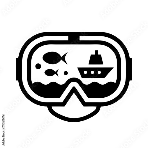 Diving mask view of underwater scene with fish near surface and ship above water, suitable for diving tourism, marine exploration and nautical themed graphics
