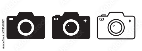 Camera photo icon set vector illustration. Outline and glyph camera photography logo symbol design isolated on white background