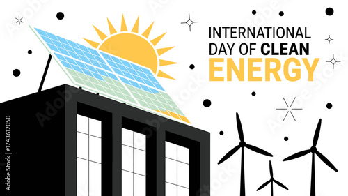 Vector art of international day of clean energy with solar panel and wind turbine