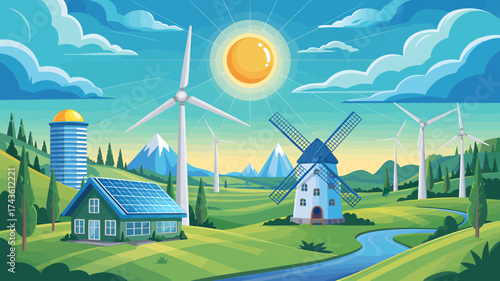 Vector art of green energy landscape with wind turbines and solar panels on house roof