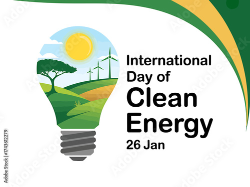 Vector art of international day of clean energy illustration with light bulb and wind turbine