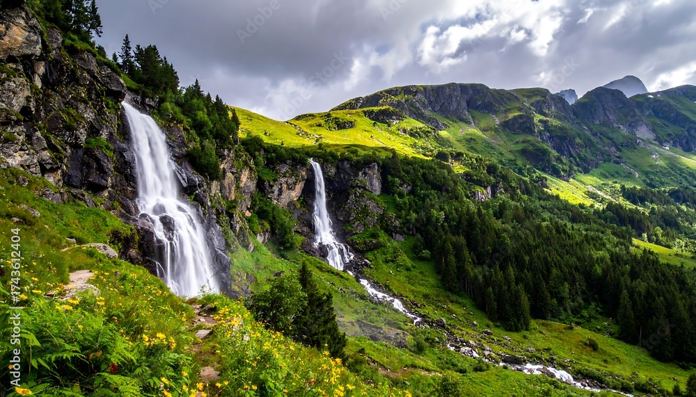 Fototapeta premium Mountain waterfalls in lush valley