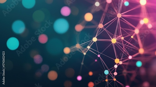 Social Network World map with colorful dots representing users connected by lines, dark background, symbolizes global social networks