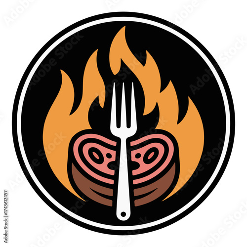 A close-up view of steak with fork on fire. The image has a circle frame