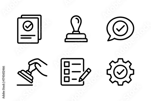 Vector art of approval and check mark icons set in line style