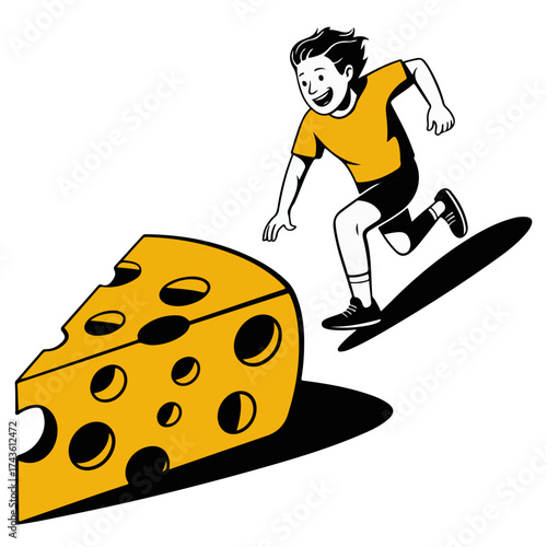A boy chasing a slice of cheese with a smile on his face 