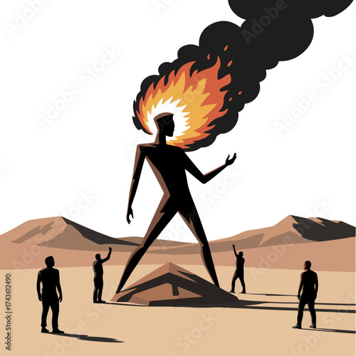 An artistic representation of a human figure with flaming head and standing on a small platform amidst other figures in a desert landscape. The artwork symbolizes powerful and overwhelming emotions