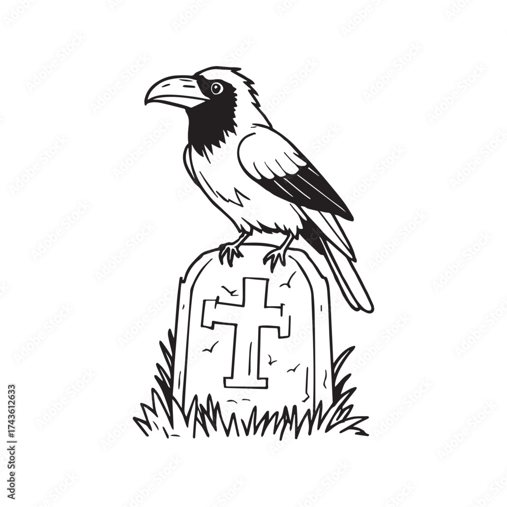 Fototapeta premium A black and white cartoon illustration of a friendly crow perched on a gravestone.