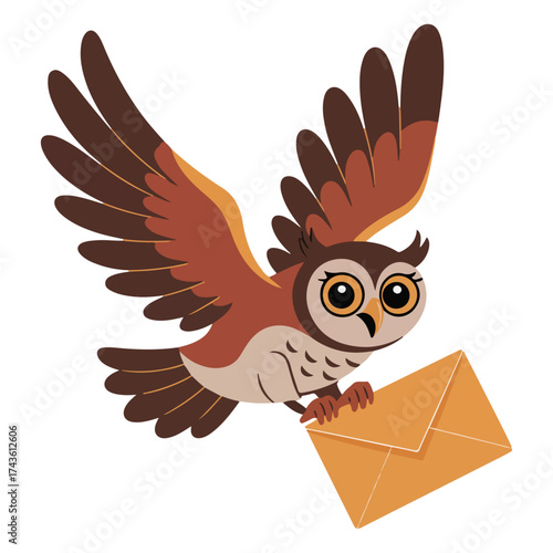 A charming illustration of an owl carrying a letter, perfect for communication and delivery concepts. The owl's wings are spread, and the letter is clutched in its talons, conveying messages or news.