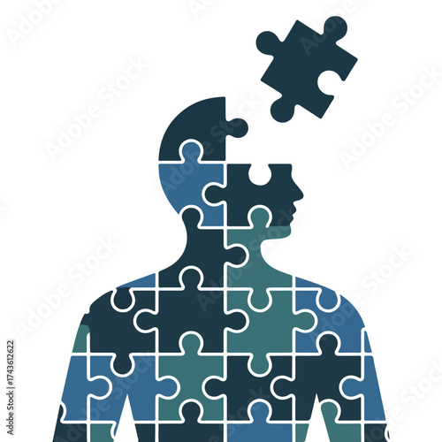 A silhouette of a person with a puzzle head, symbolizing a mind opening up, the solution. The missing piece suggests a journey of self-discovery