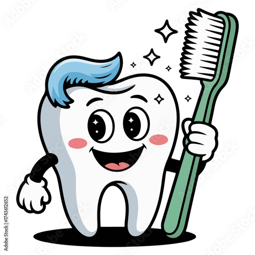 A smiling tooth holding a toothbrush, promoting oral hygiene and dental care