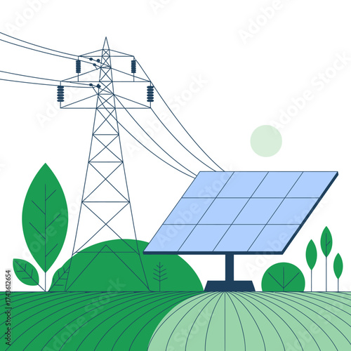 Vector art of solar panel and electricity pylon