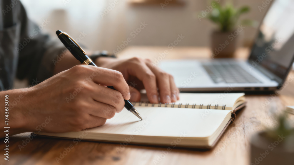 Fototapeta premium Hand pen notebook writing desk focus journal study