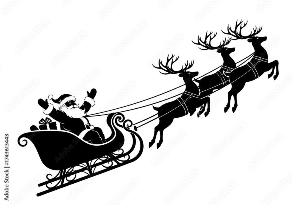 Naklejka premium santa claus with sleigh. A festive silhouette of Santa Claus flying in his sleigh, pulled by reindeer. Santa Claus vector. Christmas silhouette.