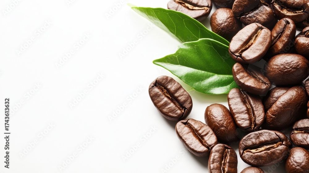 Obraz premium Roasted coffee beans and fresh green leaves on a clean white background.