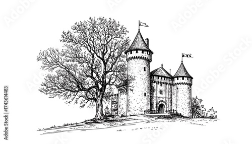 Pen and ink drawing of a castle and tree