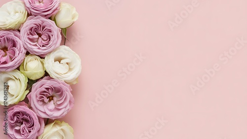 Fototapeta Naklejka Na Ścianę i Meble -  Soft pastel roses and peonies border on pink background