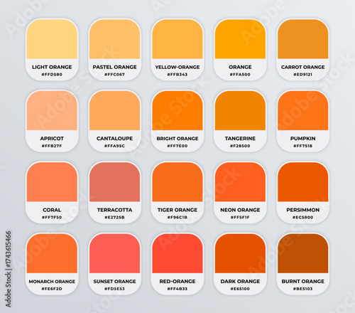 Orange color codes shades guide palette catalog with color names
