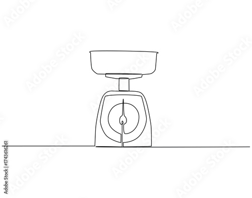 Continuous one line drawing of calssic kitchen scale. One line drawing illustration of kitchen measurement. Old kitchen appliance concept single line. Editable outline