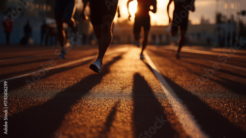 Runners sprinting on track during sunset casting long shadows  