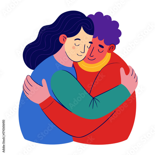 Embracing couple sharing a warm hug in colorful illustration  
