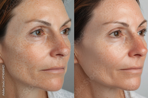 Middle-aged woman before and after facial treatment showing results. Sun damage reversal case shown in a clear before-and-after format focusing on visible skin transformation and texture improvement  