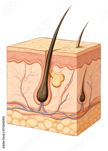 Cross-section of human skin showing hair follicles and nerves  