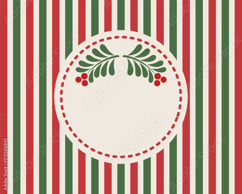 Christmas retro card with red and green stripes and mistletoe branches. Happy Holidays background with copy space. Vector illustration.