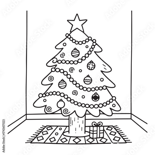 Delightful Christmas tree illustration with ornaments, garlands, star, gift, and festive charm.