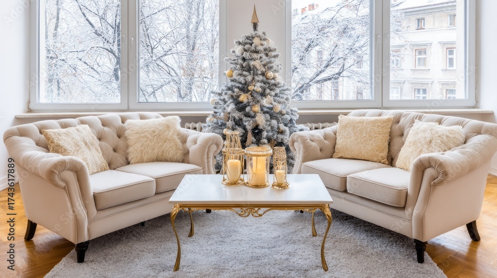 Obraz premium Cozy winter living room featuring a decorated Christmas tree and elegant furniture amidst a snowy landscape