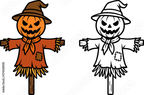 colored and outline only vector illustration of scarecrow with pumpkin head, halloween themed project
