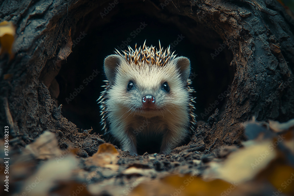 Naklejka premium Generative AI image of a cute hedgehog waking up in forest leaf nest after hibernation in early spring sunlight
